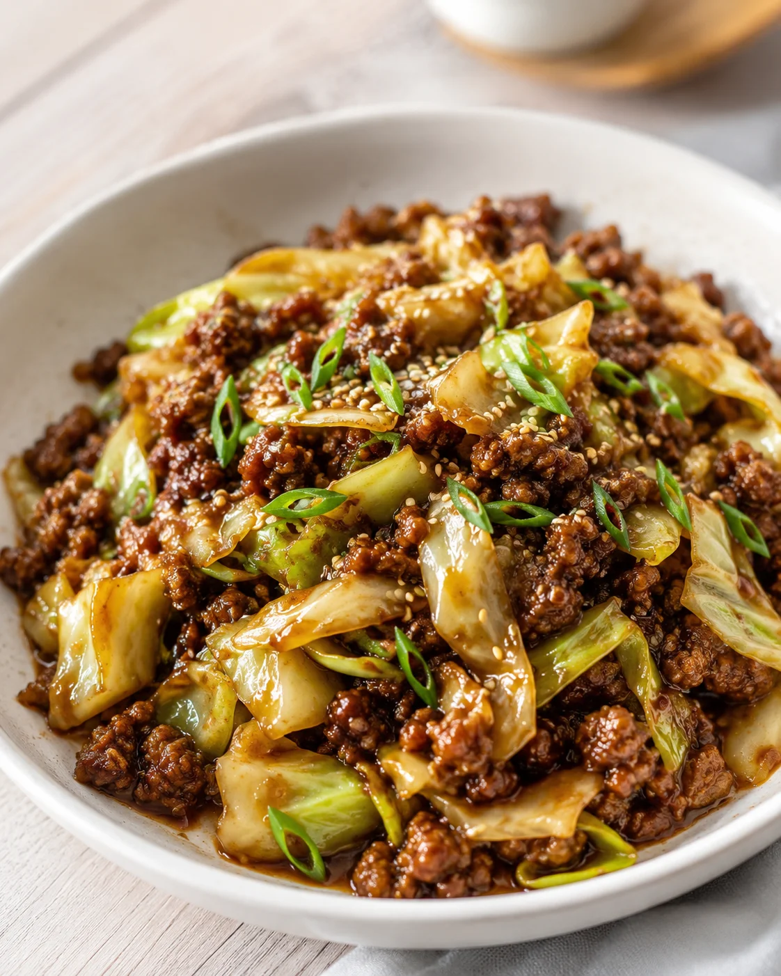 bowl of beef and napa cabbage stir-fry garnished with sesame seeds and green onions