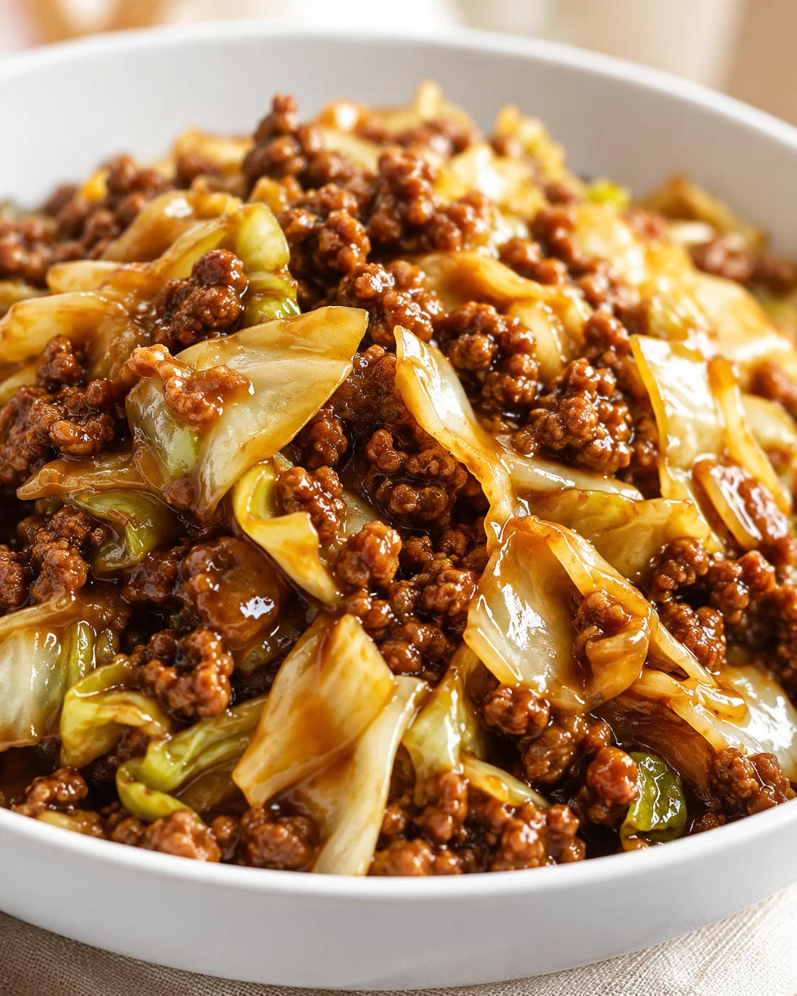 close-up of glossy cabbage and minced meat in a white bowl with sauce
