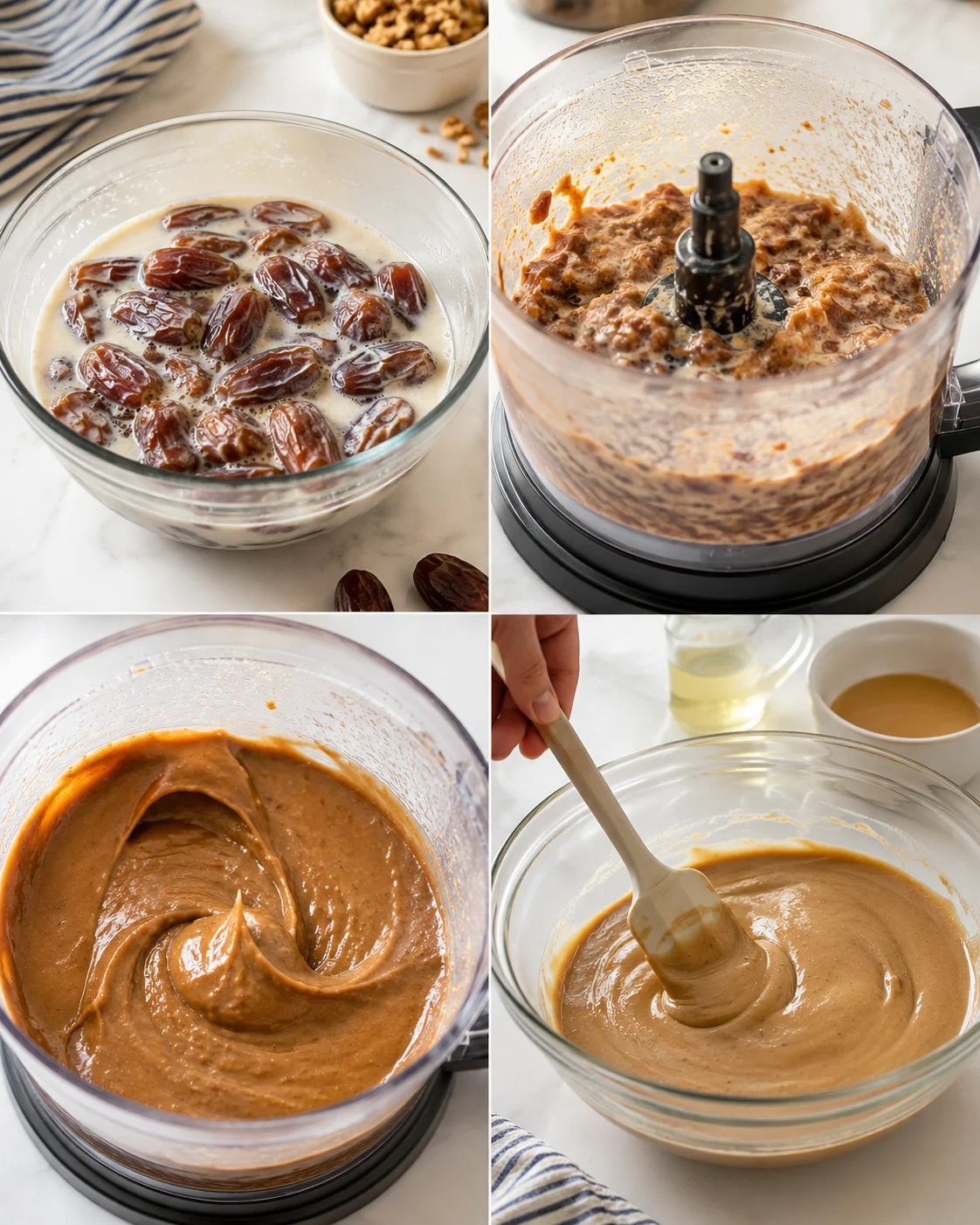 Four-panel collage showing soaking dates, blending into caramel, and stirring thick date caramel.