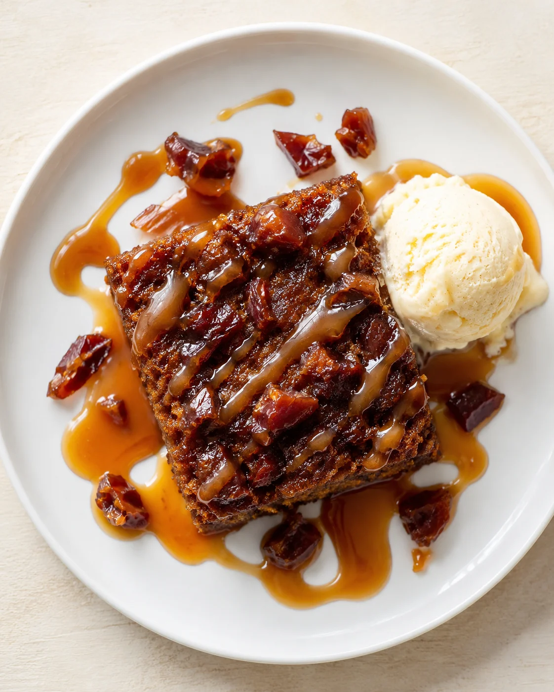 Caramel-glazed square cake with candied fruit pieces and vanilla ice cream on a white plate