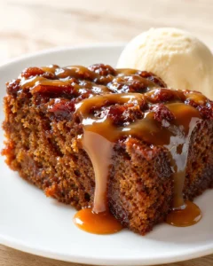 Slice of moist caramel cake with glossy caramel sauce and vanilla ice cream