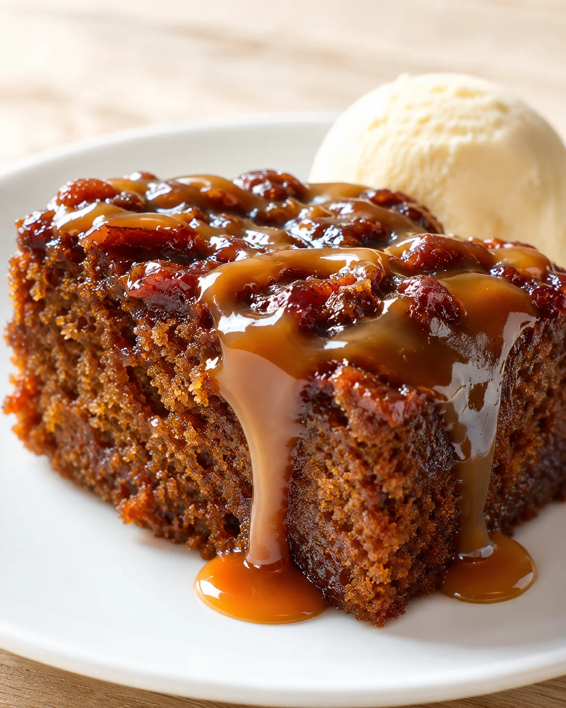 Slice of moist caramel cake with glossy caramel sauce and vanilla ice cream