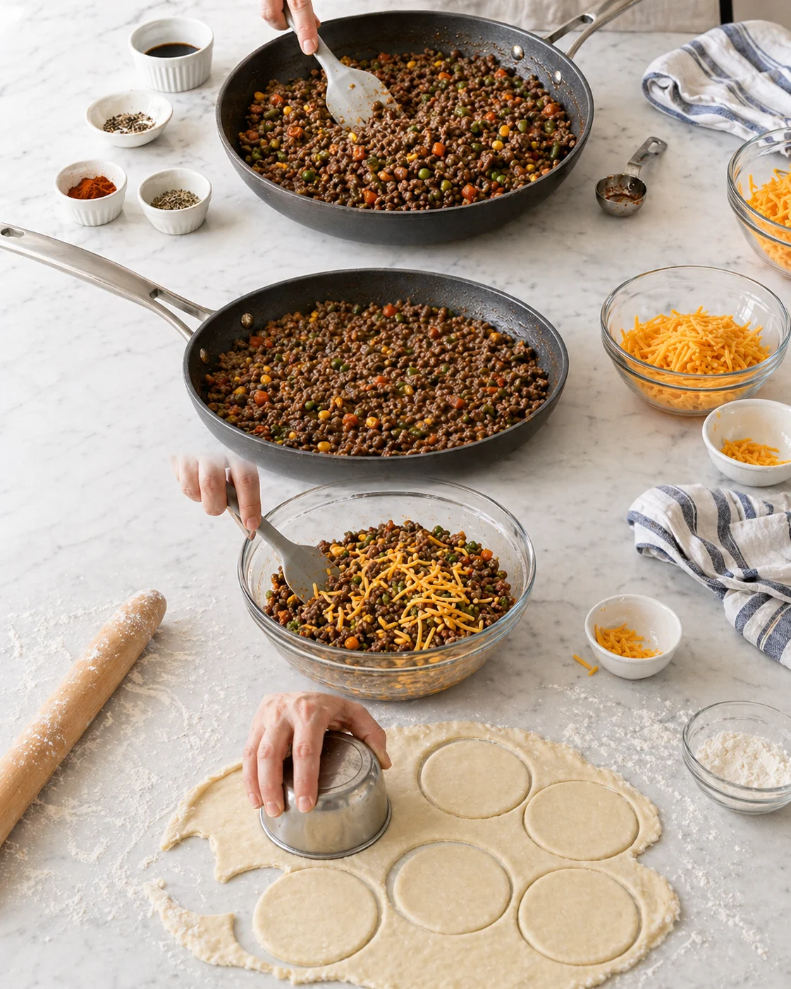 two skillets of beef and vegetable filling, dough circles cut, and cheddar ready for assembly on a marble countertop
