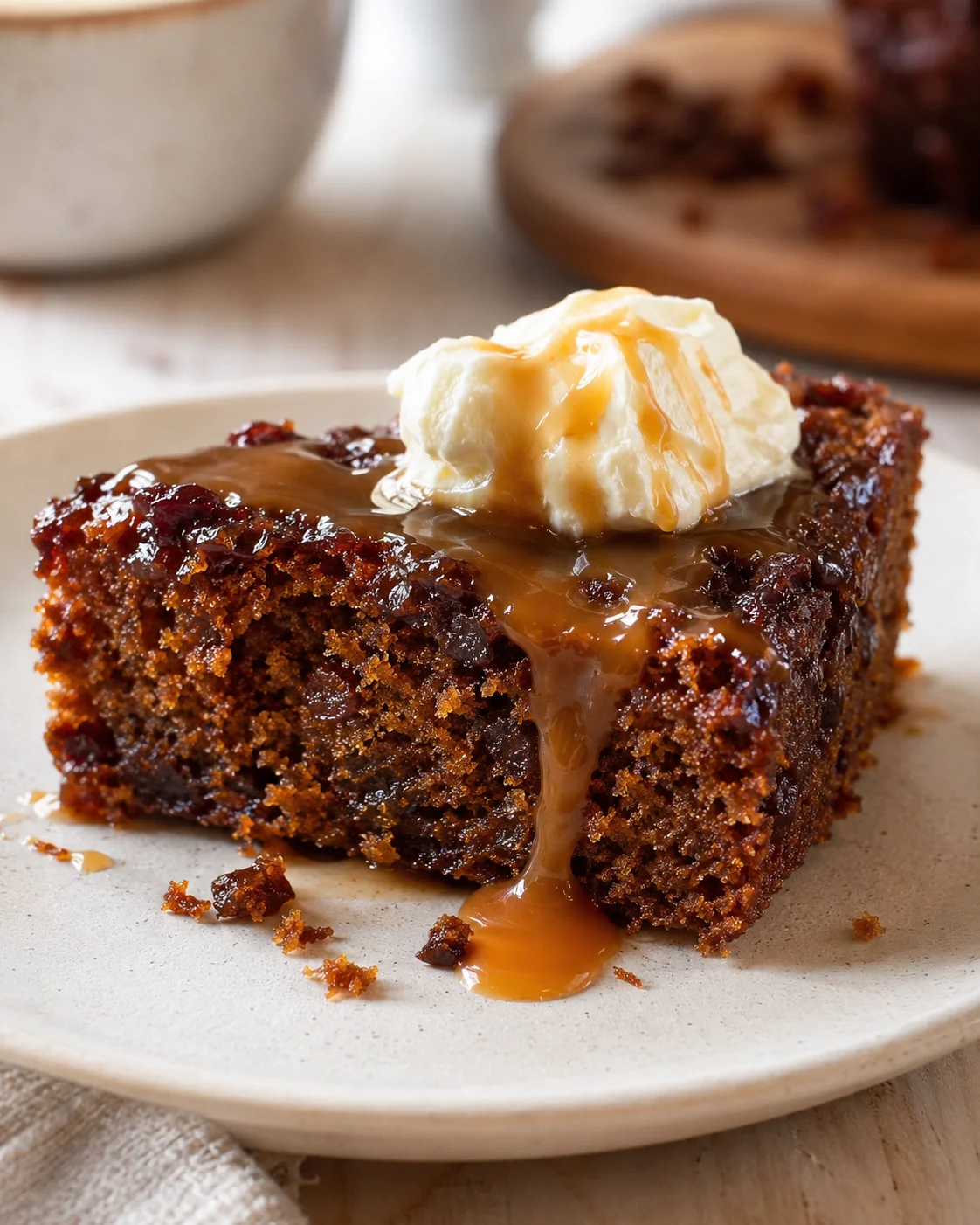 Moist chocolate cake slice with caramel sauce and a dollop of whipped cream on a beige plate.