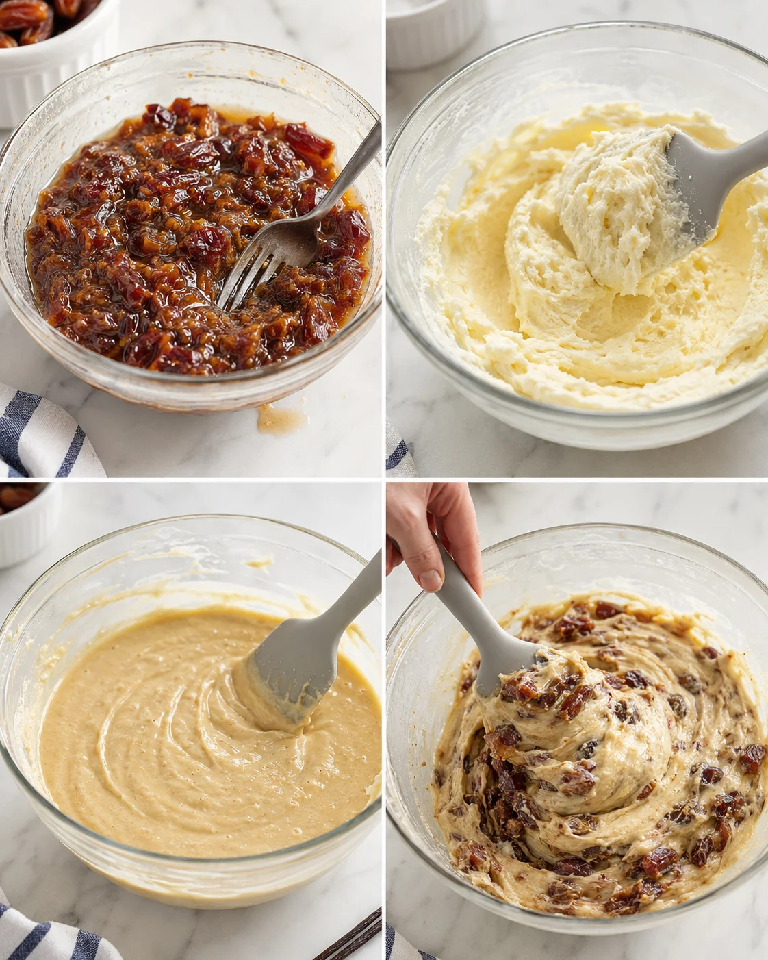 Collage of four bowls showing cranberry filling, creamy frosting, batter, and cranberry-studded dough.
