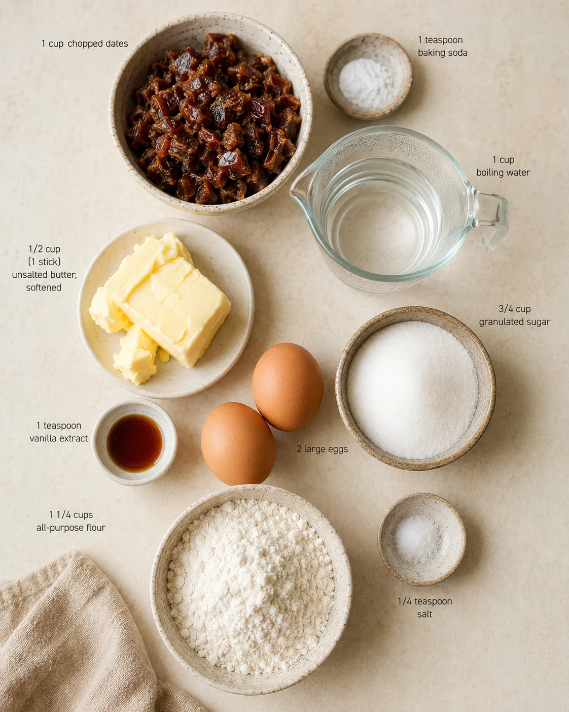 Overhead view of chopped dates, butter, flour, eggs, sugar, and other baking ingredients laid out for a recipe.