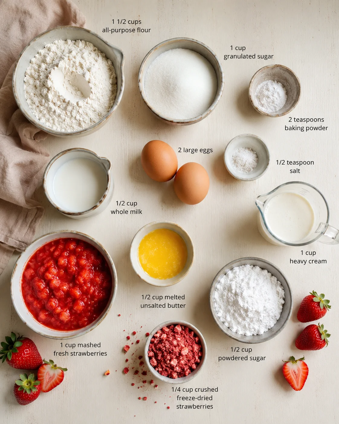 Flat lay of baking ingredients with labeled measurements: flour, sugar, eggs, milk, cream, butter, and strawberries.