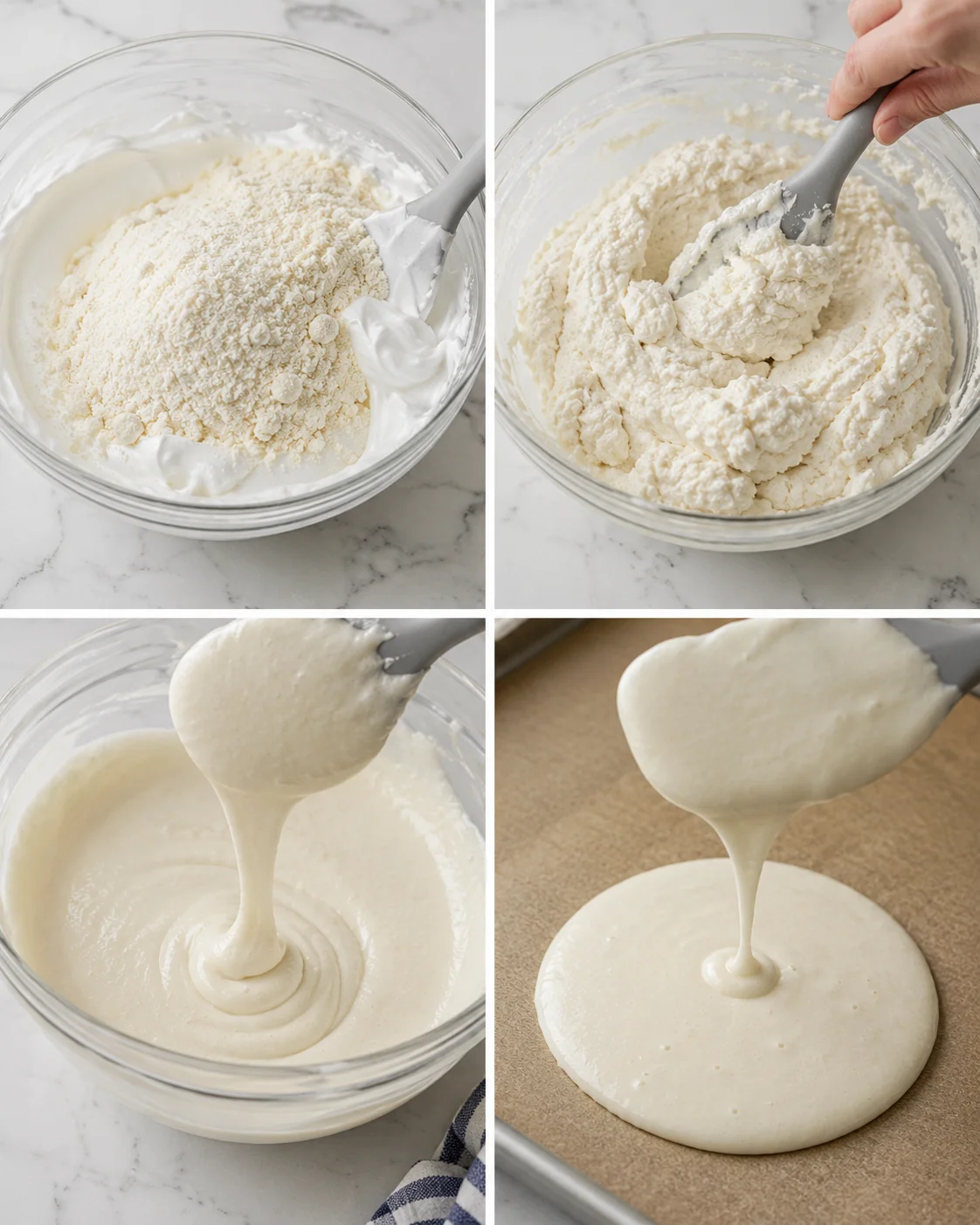 four-panel collage showing pancake batter being prepared from flour mixing to pouring onto a hot pan