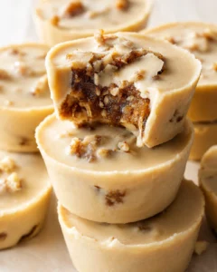 Close-up of round beige fudge bites with a nutty caramel center and chopped nut topping.