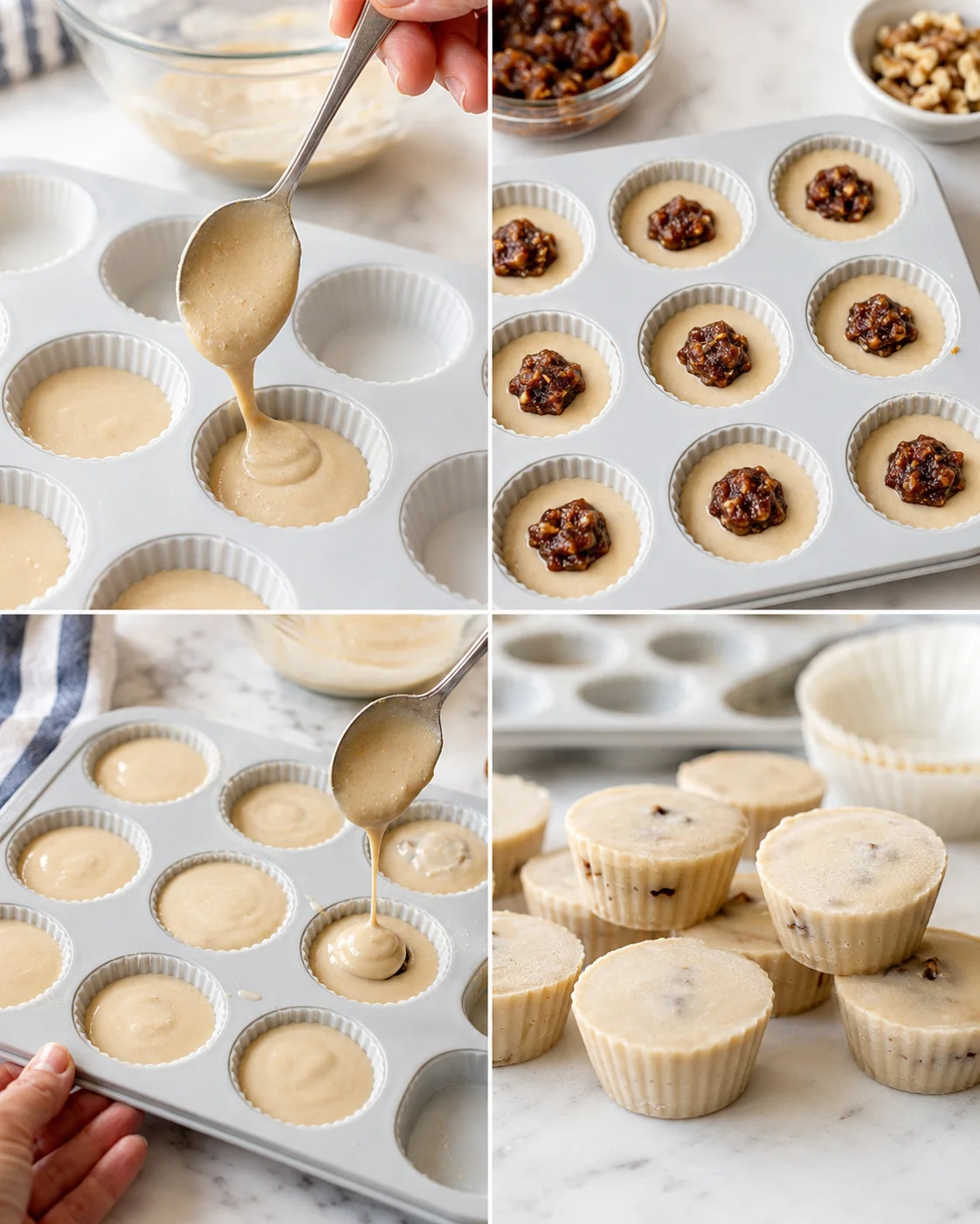 Collage of batter being poured into muffin cups, centers filled with date-nut filling, and finished pale muffins.