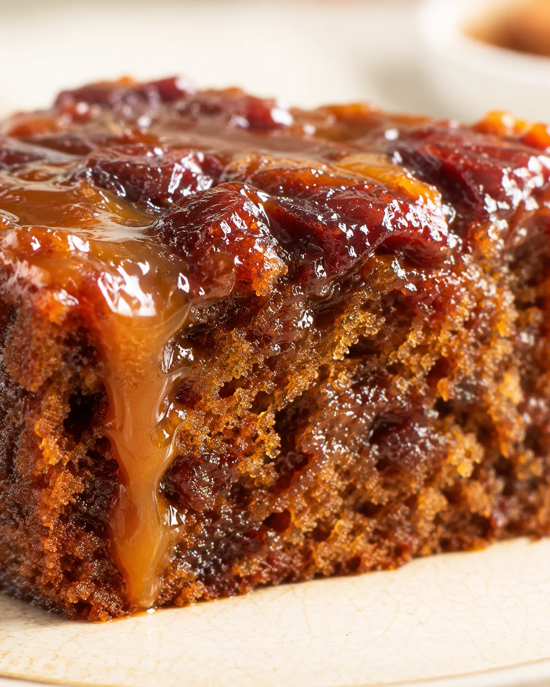 Close-up view of a moist chocolate cake slice glazed with caramel.