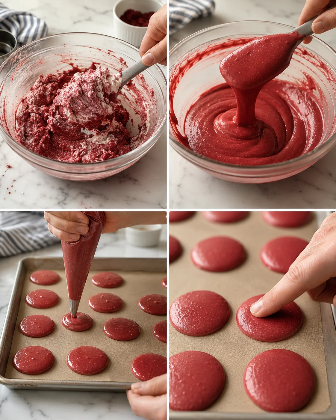 collage of red macaron batter being mixed, piped, and arranged on parchment