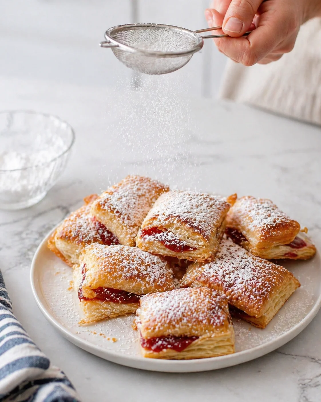 Plate of jam-filled puff pastries dusted with powdered sugar on a marble countertop.