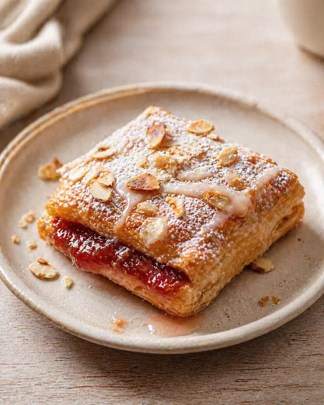Flaky puff pastry square with jam filling, almond slices, and powdered sugar on a beige ceramic plate