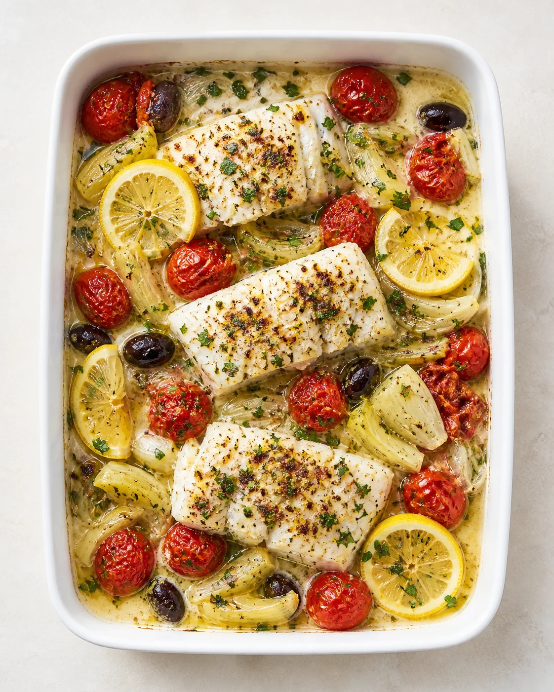Two lemon-garnished baked fish fillets with tomatoes, onions, and olives in a creamy herb sauce.
