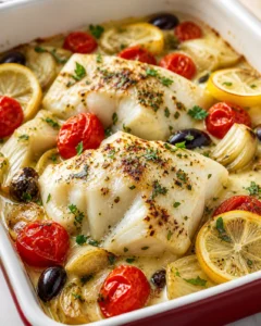Baked white fish with cherry tomatoes, lemon slices, onions and parsley in a creamy pan sauce.