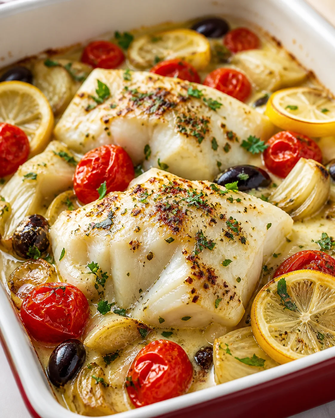 Baked white fish with cherry tomatoes, lemon slices, onions and parsley in a creamy pan sauce.