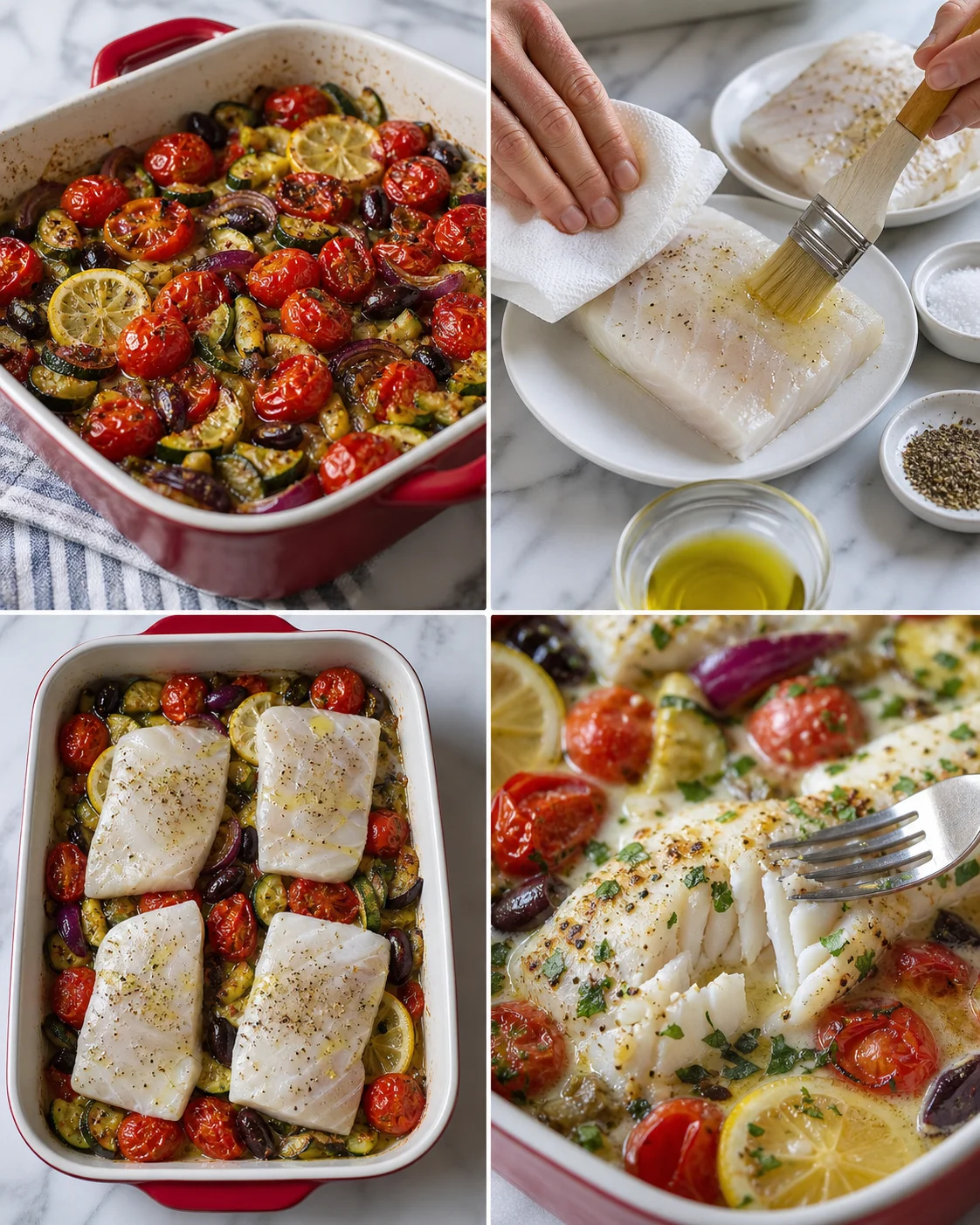collage showing a fish bake with cherry tomatoes, zucchini, onions, lemon, and ready-to-serve plated fish