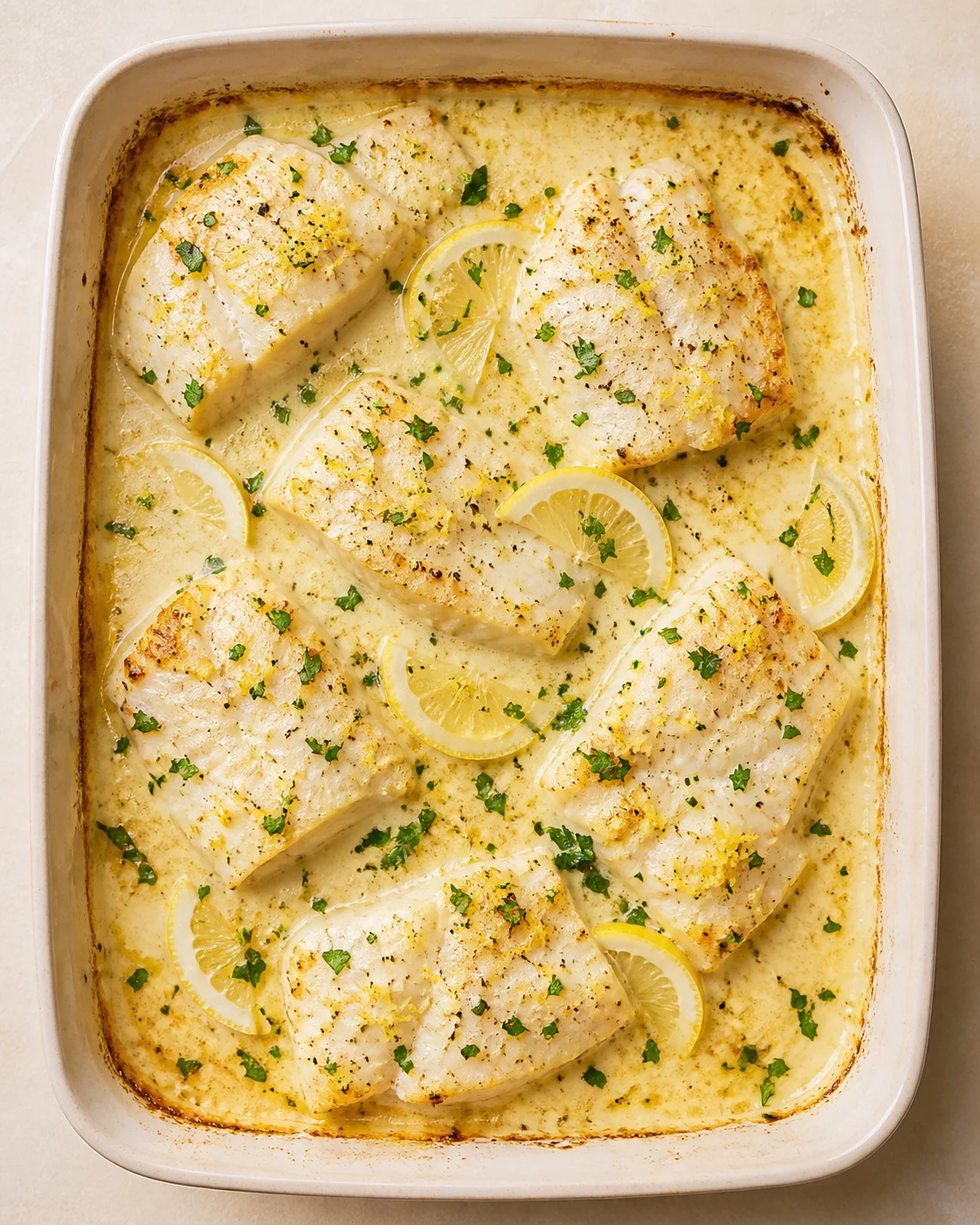 lemon-butter-baked-fish baked white fish fillets in lemon-butter sauce, garnished with parsley in a baking dish.
