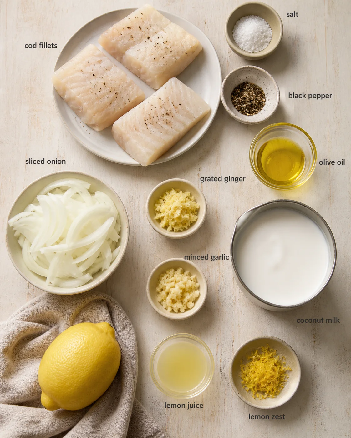 cod-fillet-ingredient-layout Overhead view of cod fillets with labeled ingredients laid out on a light wood surface.