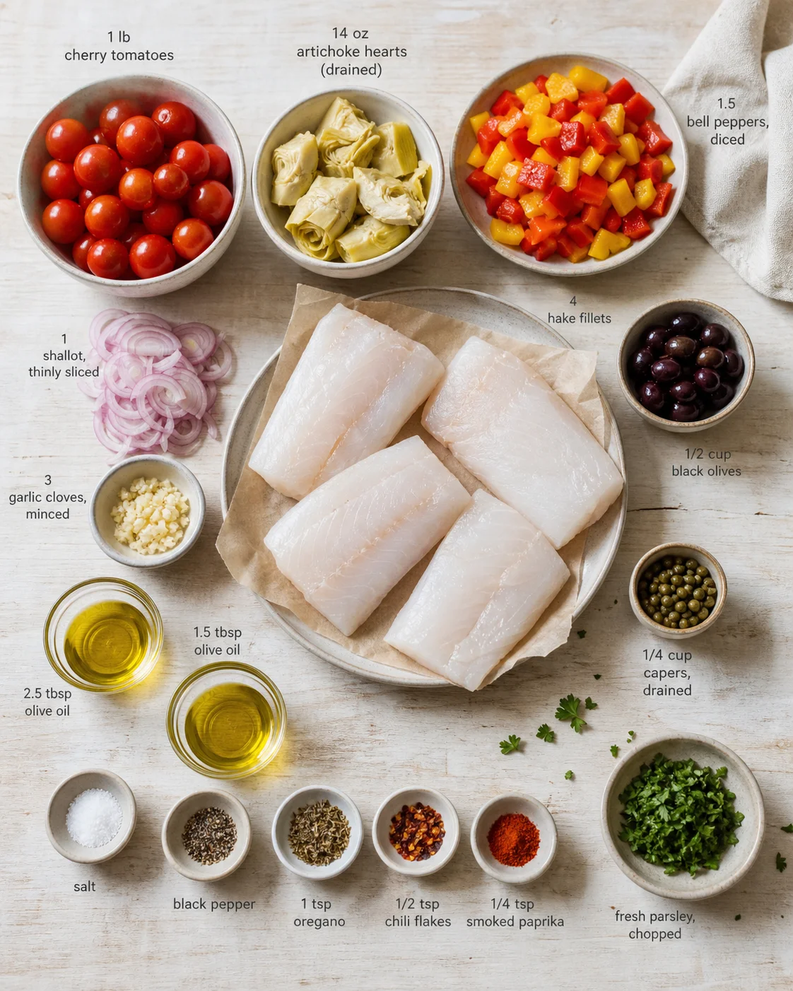 Overhead shot of hake fillets with bowls of tomatoes, artichokes, peppers, olives, and spices.