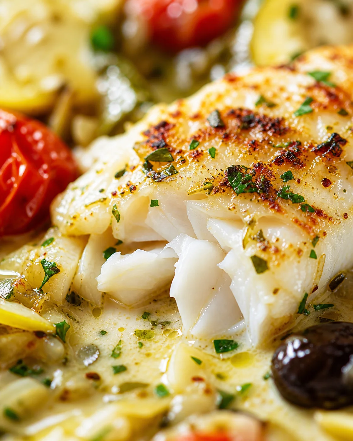 close-up of herb-crusted white fish in creamy sauce with tomatoes and olives nearby
