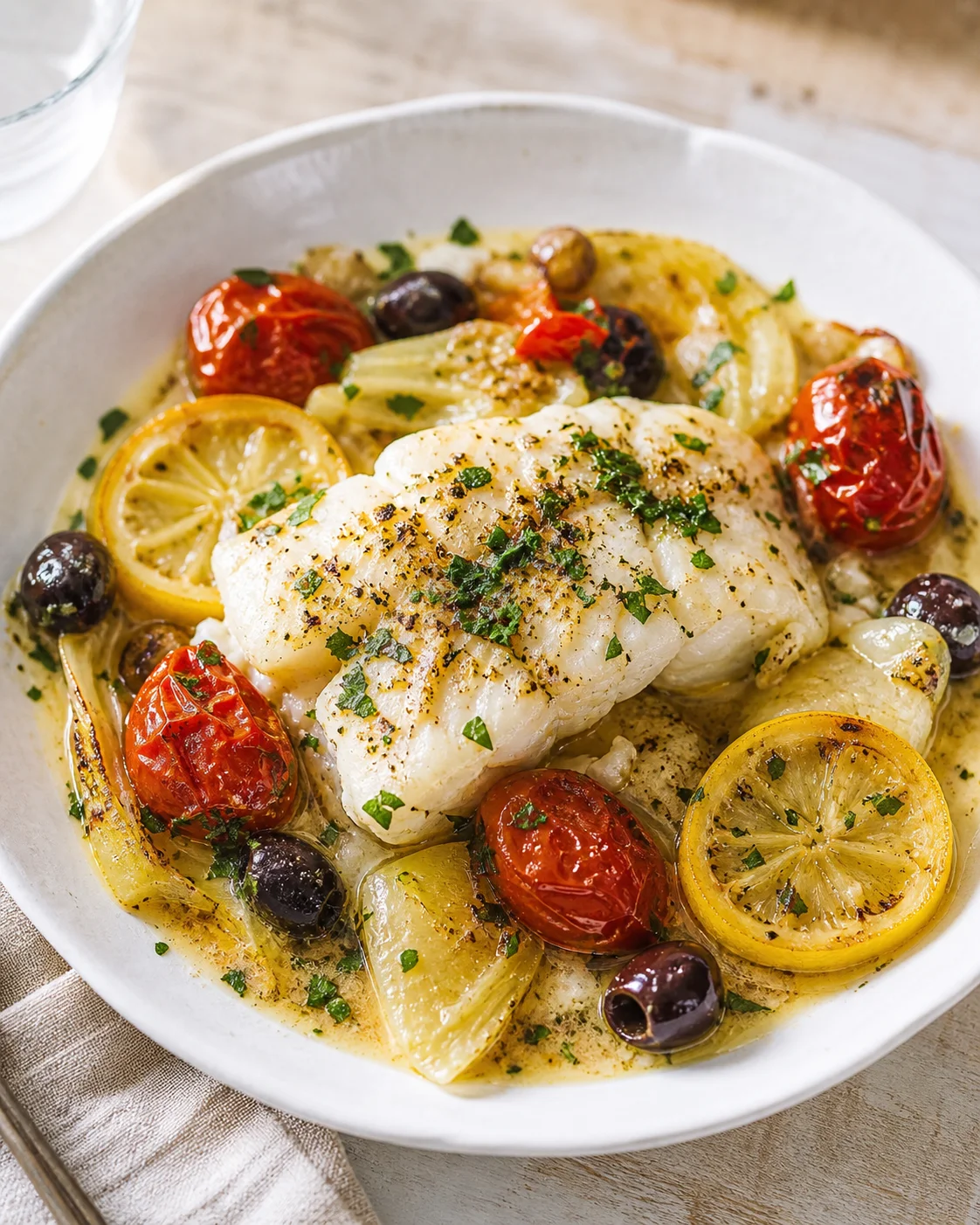 White fish fillet with lemon slices, roasted tomatoes, olives, and herbs in a pale sauce on a plate.