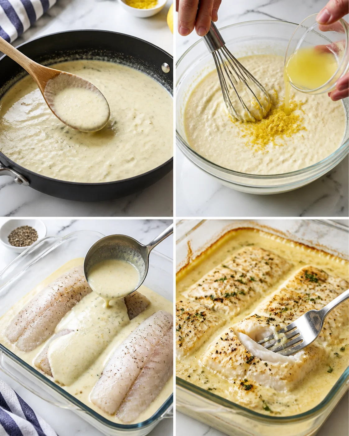 Collage showing creamy lemon fish sauce in pan, whisked mixture, poured sauce over fish, and baked casserole.