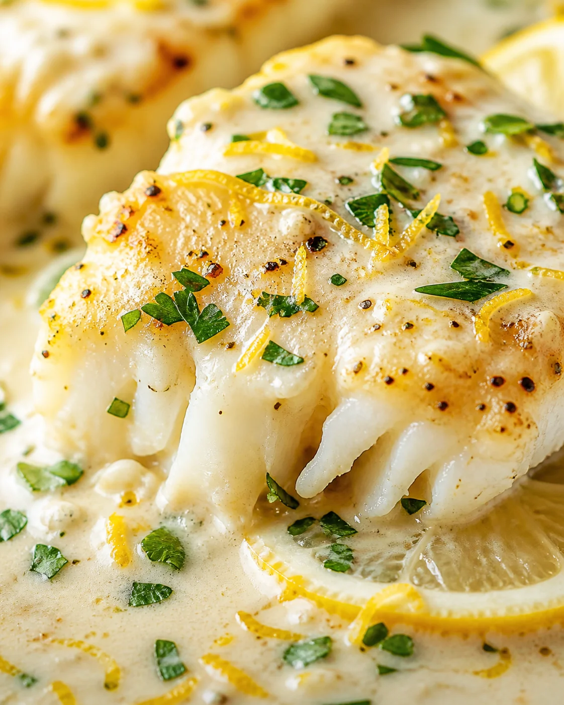 creamy lemon-butter sauce coats flaky white fish fillets, garnished with parsley and lemon zest