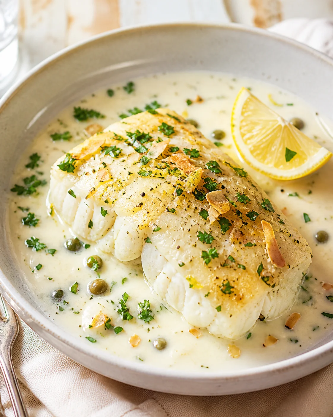Plated white fish fillet in creamy sauce with capers, parsley, and a lemon wedge