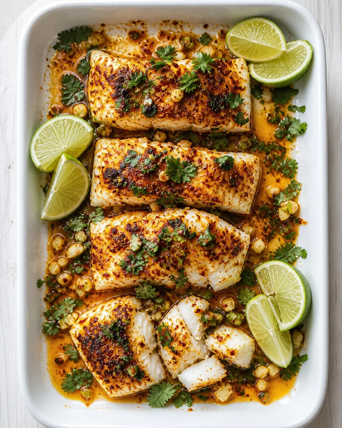 citrus-chili-seared-cod Seared cod chunks in a spicy orange sauce, garnished with cilantro and lime wedges.