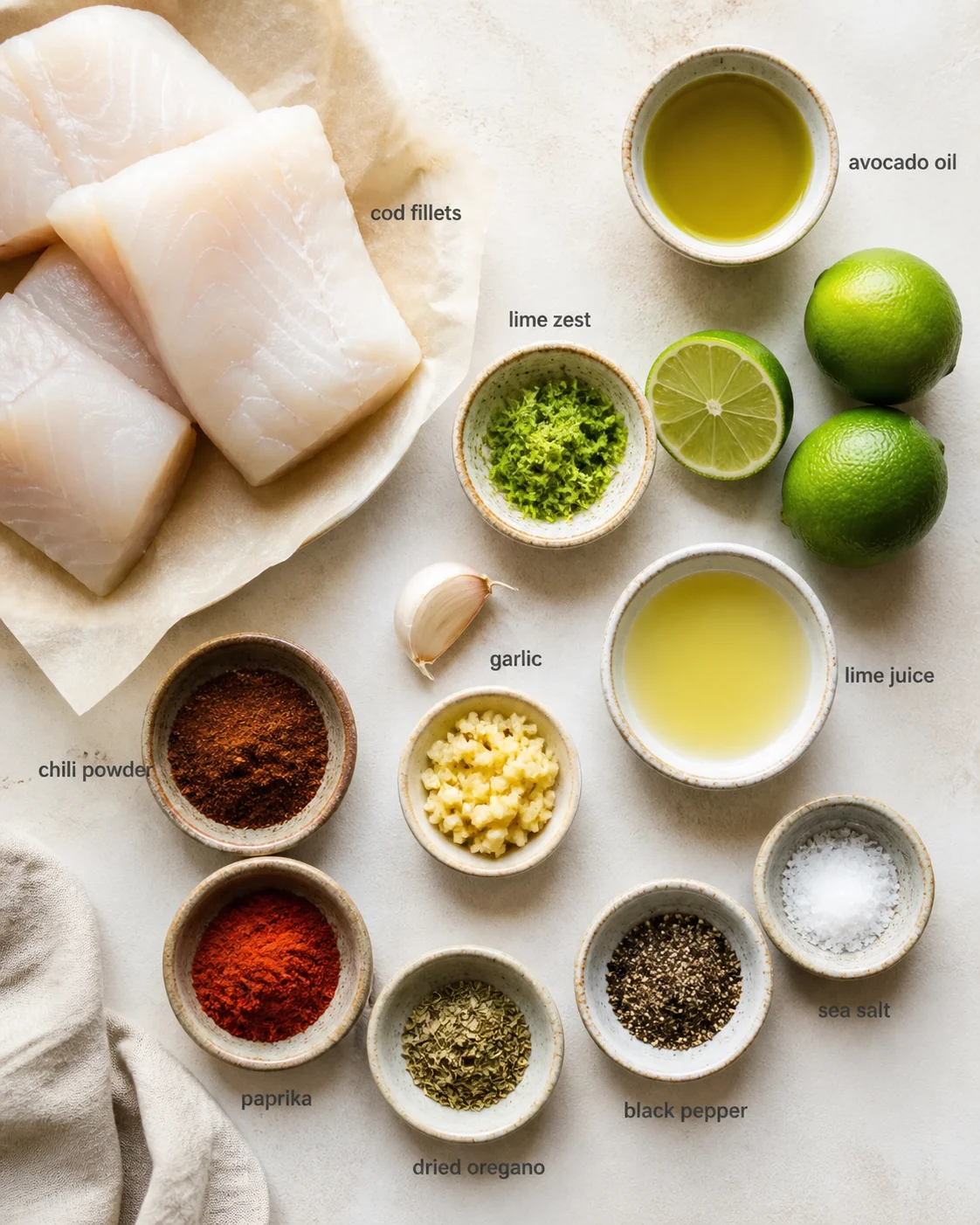 cod-fillet-and-lime-ingredients top-down flat lay of cod fillets with lime-based ingredients and labeled bowls