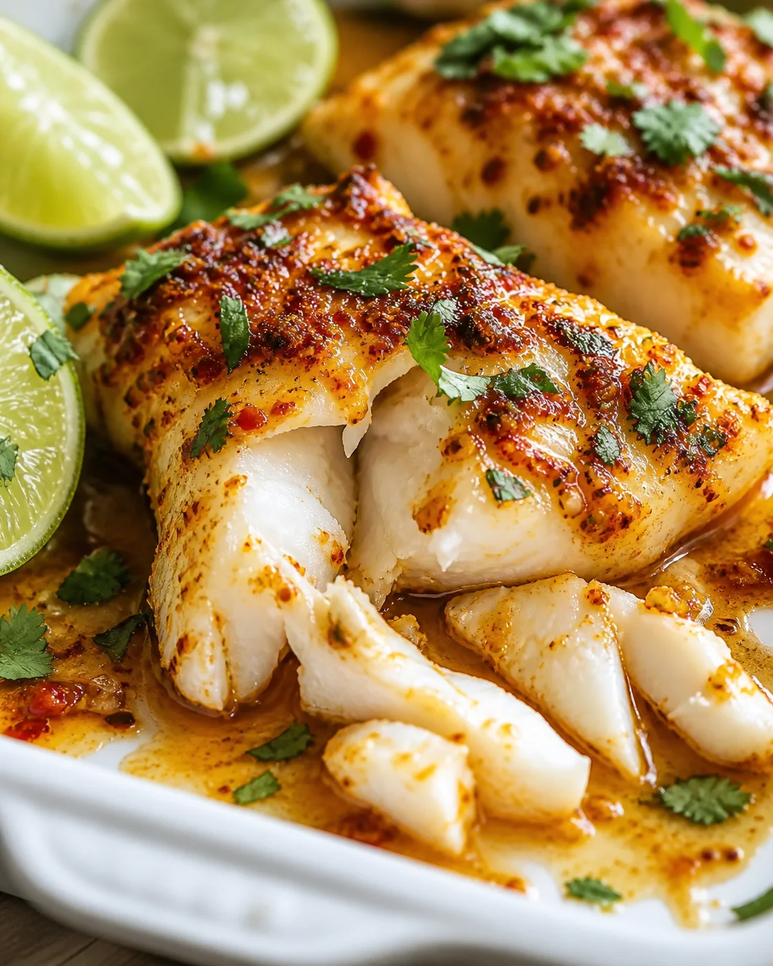 citrus-chili-grilled-fish plated white fish fillets in a chili-lime glaze with cilantro and lime wedges.