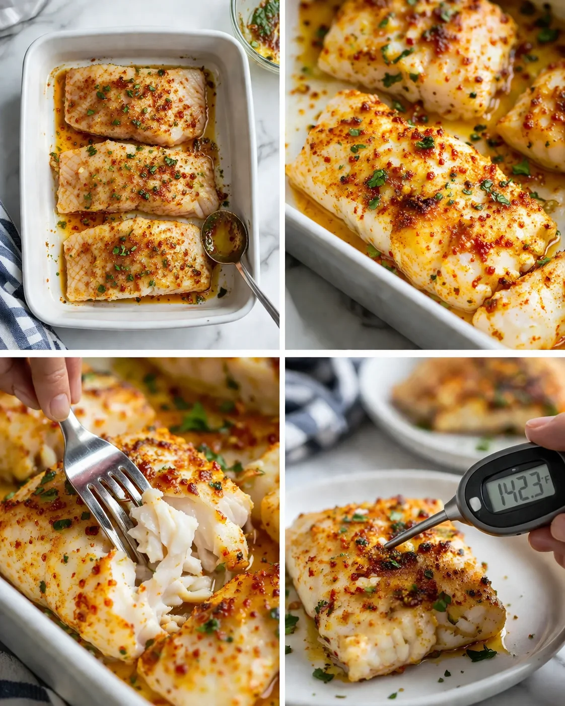 collage showing cod fillets baked with chili and parsley in a white baking dish
