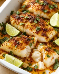 golden-crusted white fish fillets in a citrus-spiced sauce, garnished with cilantro and lime wedges