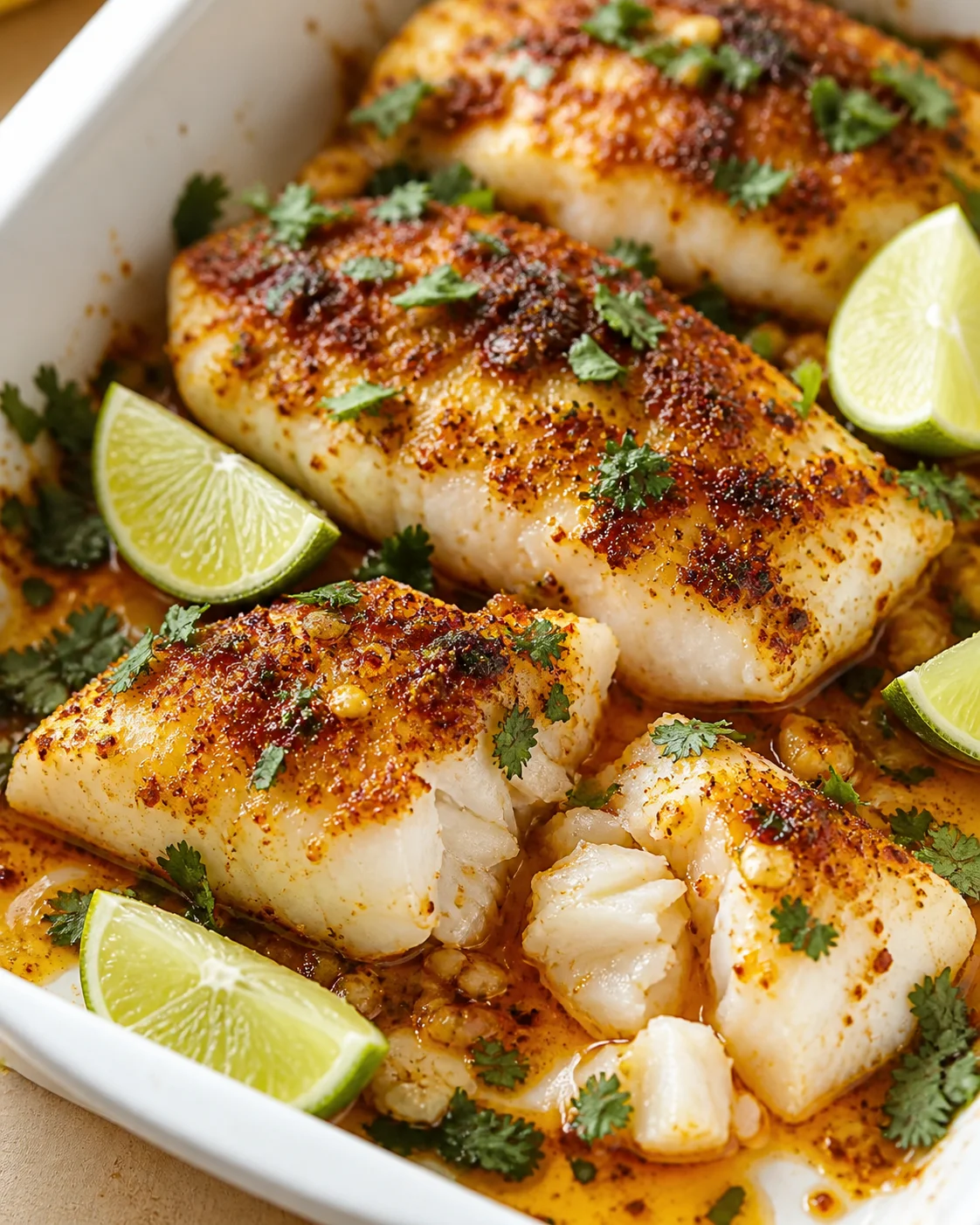 crispy-spiced-white-fish golden-crusted white fish fillets in a citrus-spiced sauce, garnished with cilantro and lime wedges