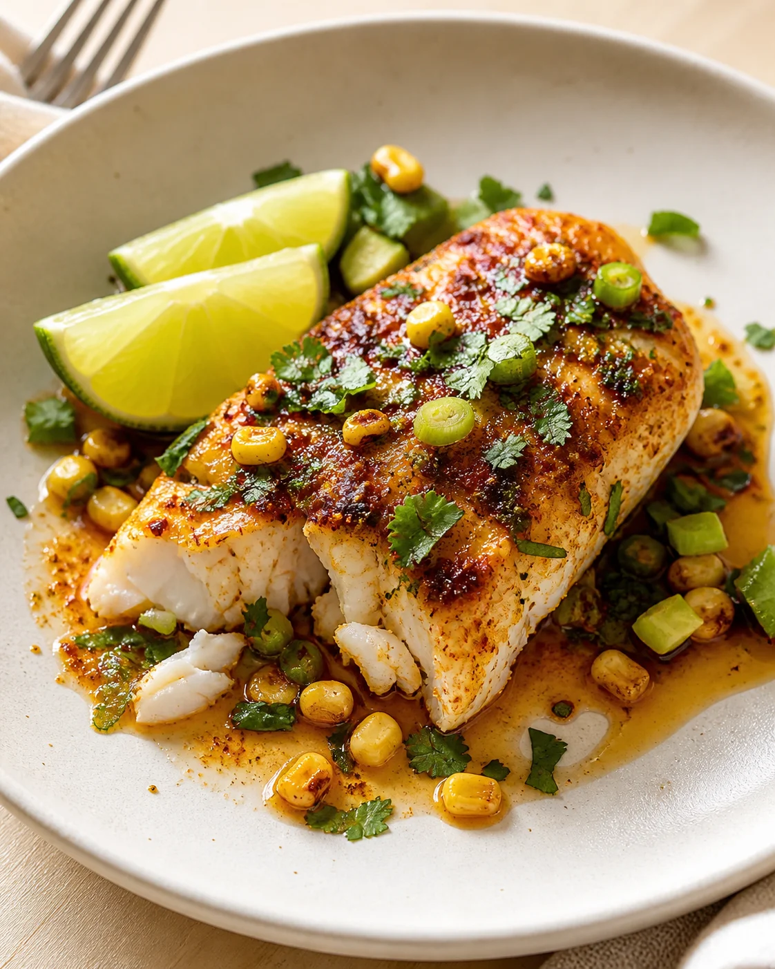 cilantro-lime-seared-fish Seared white fish fillet with corn, cilantro, lime wedges on a plate.
