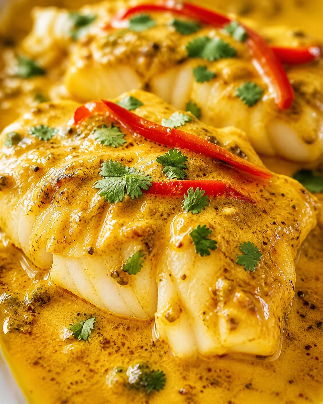 Two fish fillets in a golden curry sauce, garnished with red chili and cilantro.