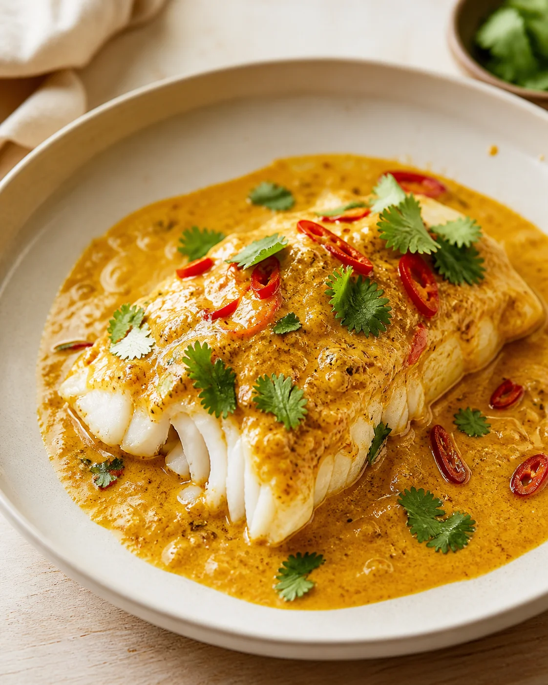 yellow-curry-fish-fillet plated white fish fillet with yellow curry sauce, topped with cilantro leaves and red chili slices