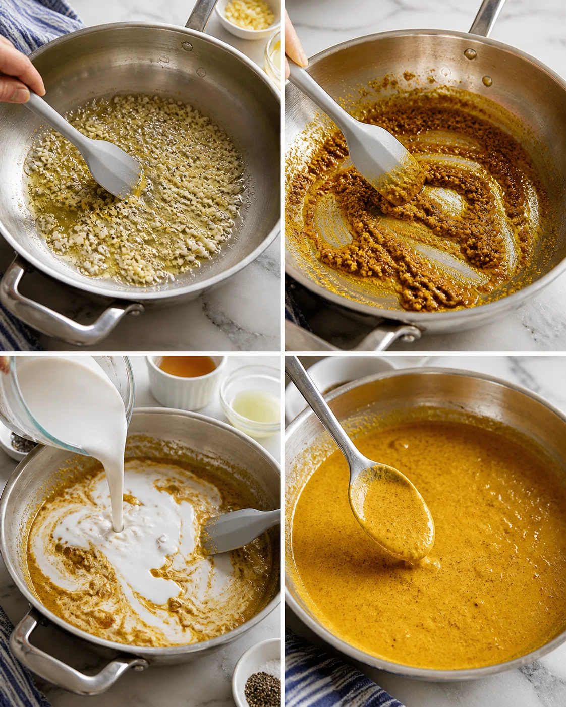 four-step-curry-sauce Four-panel collage showing curry-making steps: onions sautéed in oil, spiced paste, coconut milk being poured, and orange curry.