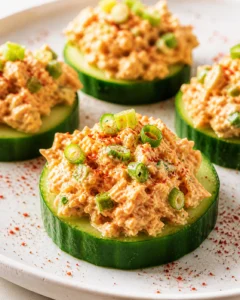 Cucumber cups topped with creamy tuna salad and sliced green onions.