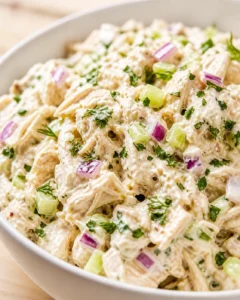 close-up of creamy chicken salad with red onion, celery, and dill in a white bowl.