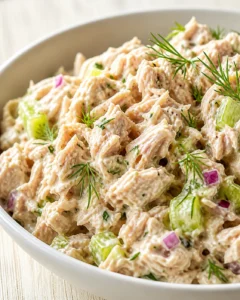 Close-up of creamy chicken salad with celery and dill in a white bowl