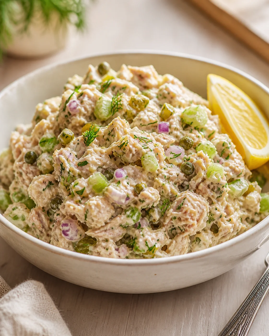 Bowl of creamy tuna salad with diced celery, peas, red onion, dill, and a lemon wedge on the side.