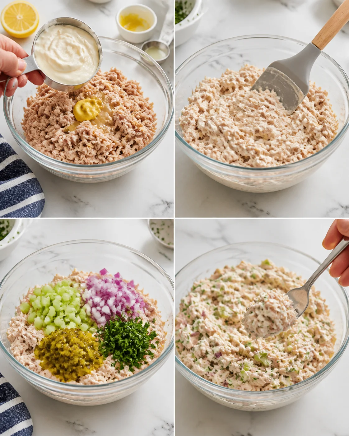 four-panel collage showing tuna salad being prepared with mayo, mustard, celery, red onion, and herbs.