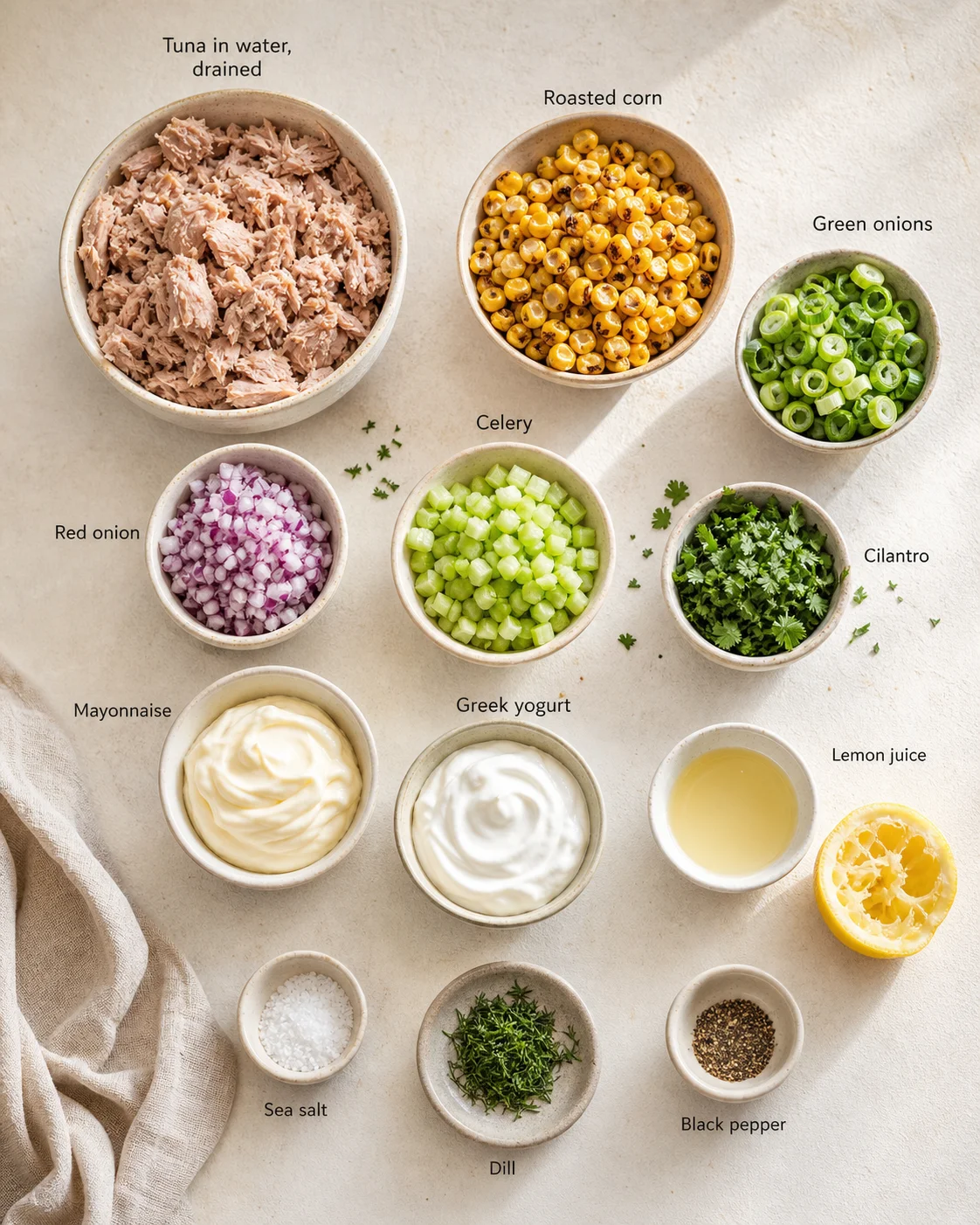Top-down collage of bowls with tuna, corn, onions, celery, cilantro, and condiments for a recipe.