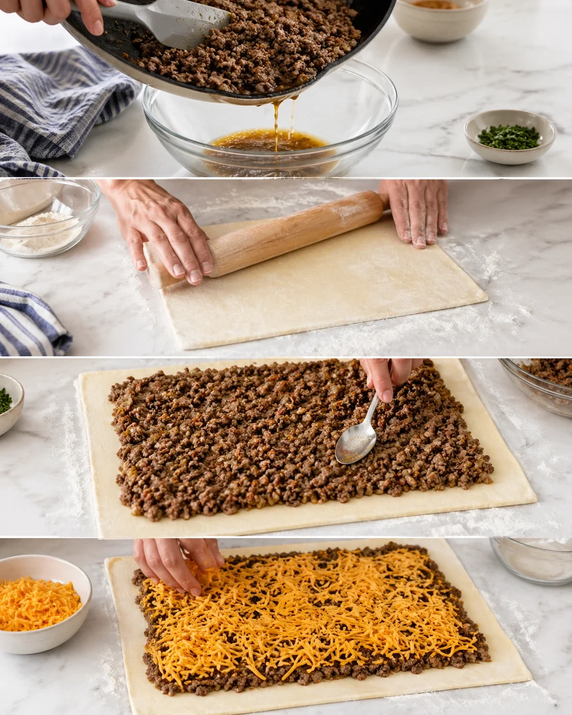 Four-panel collage showing beef filling spread on dough, cheese sprinkled on top.