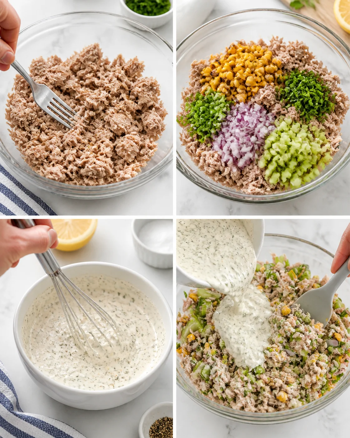 Four-panel collage showing tuna salad preparation with vegetables, whisked dressing, and pouring sauce.