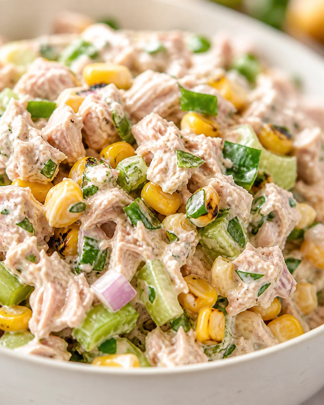 Close-up of creamy tuna salad with corn, celery, and green peppers in a white bowl