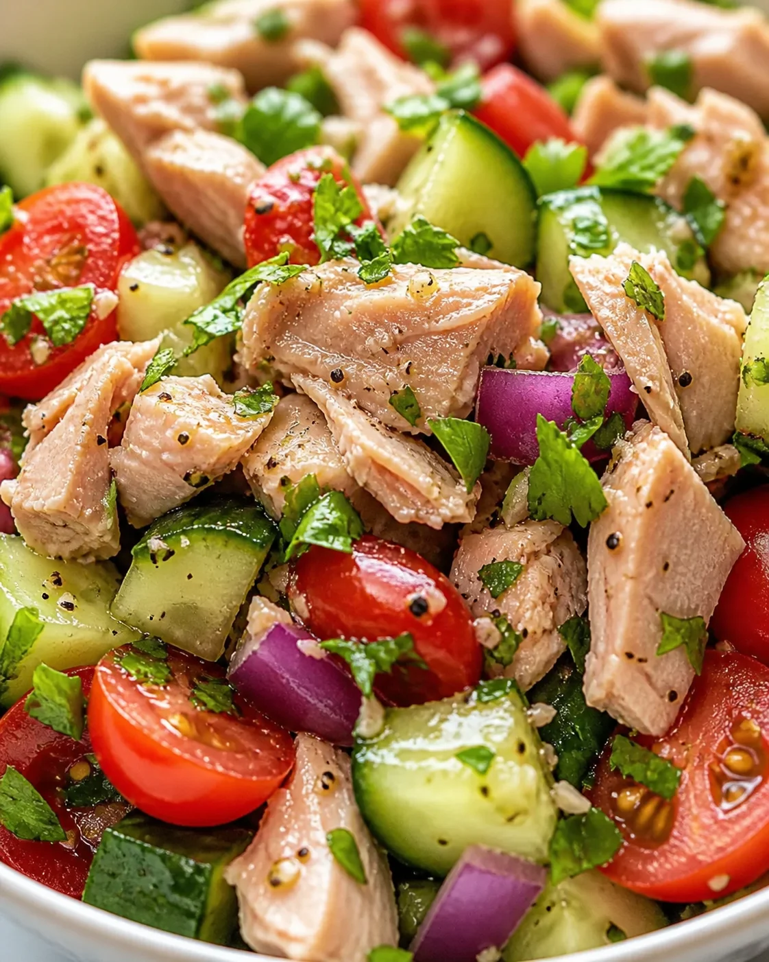 bowl of mediterranean tuna salad with cucumbers, cherry tomatoes, red onion, and parsley